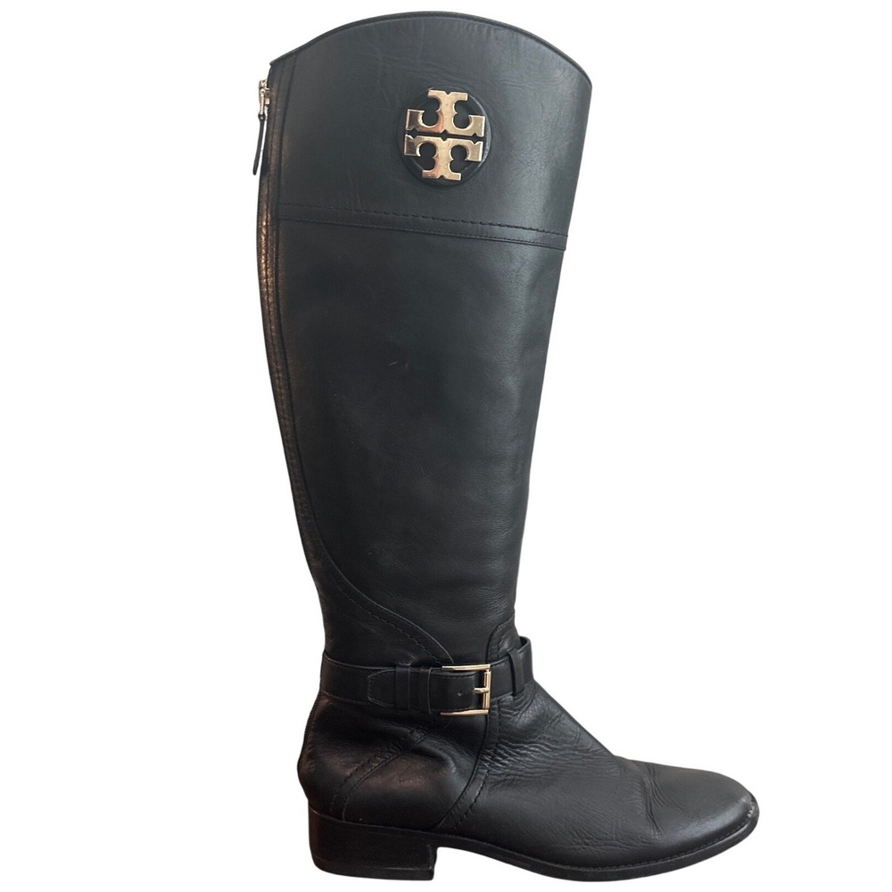 Tory Burch Adeline Black Leather Riding Boots Gold Logo Size 7.5